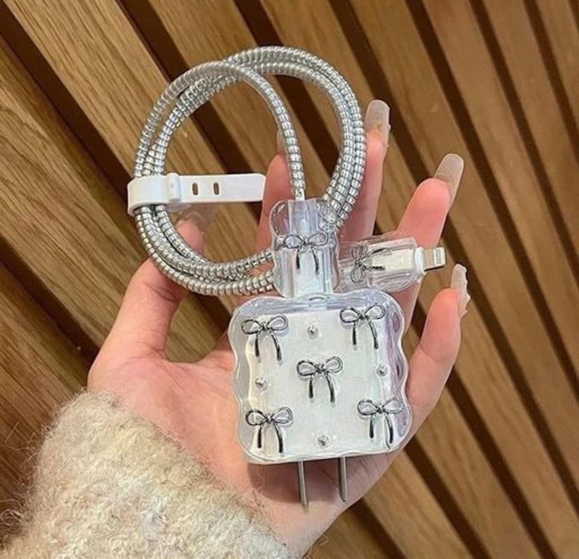 Aesthetic Clear Bow Charger & Cable Protector Set
